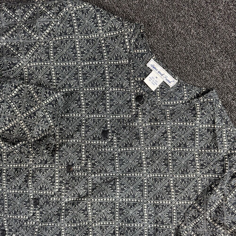 VTG ANNA & FRANK Silk Blouse Black And White Button-Up Geometric Print Size M